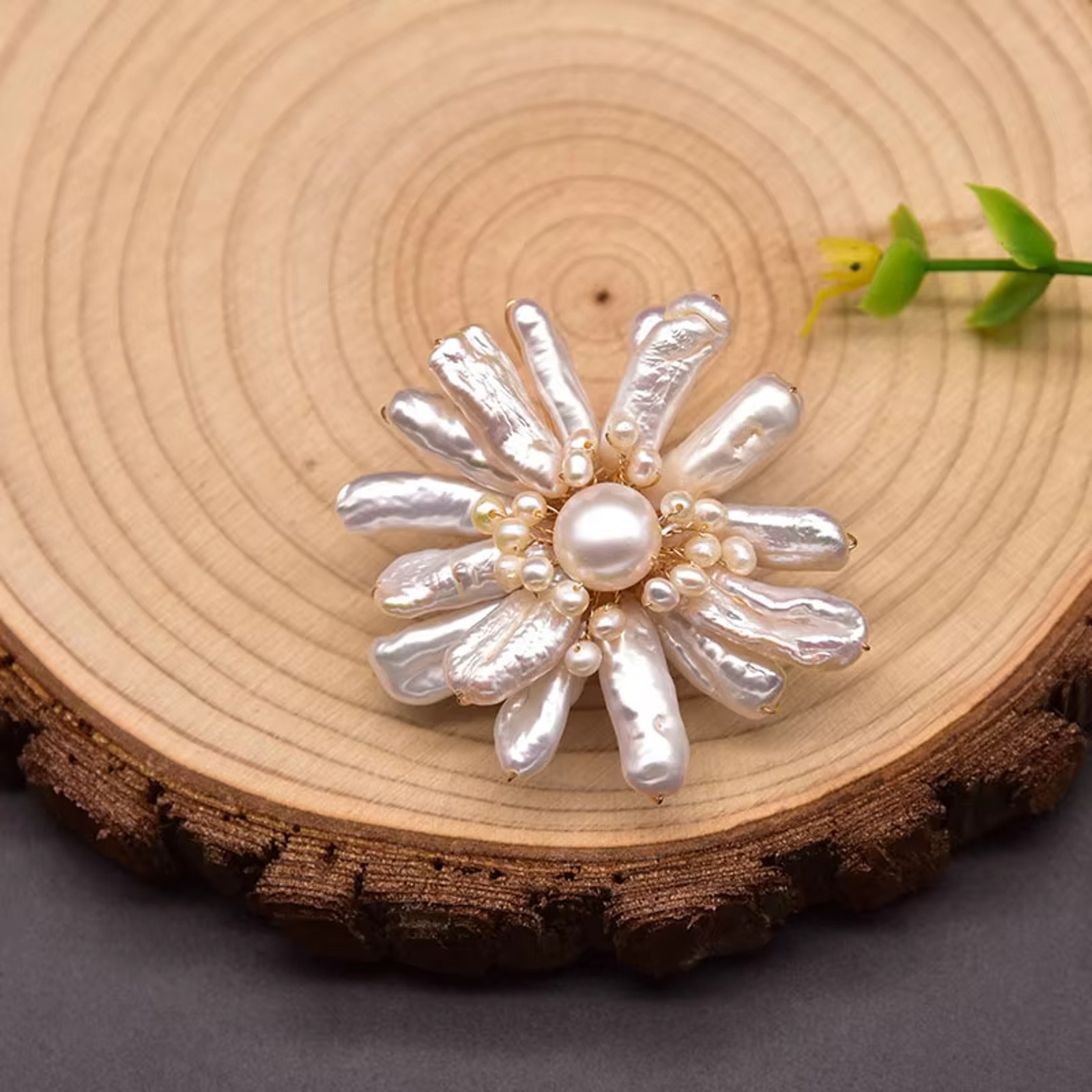Natural Freshwater Keshi & Natural Pearl Brooch Starburst Flower 18k Gold Plated