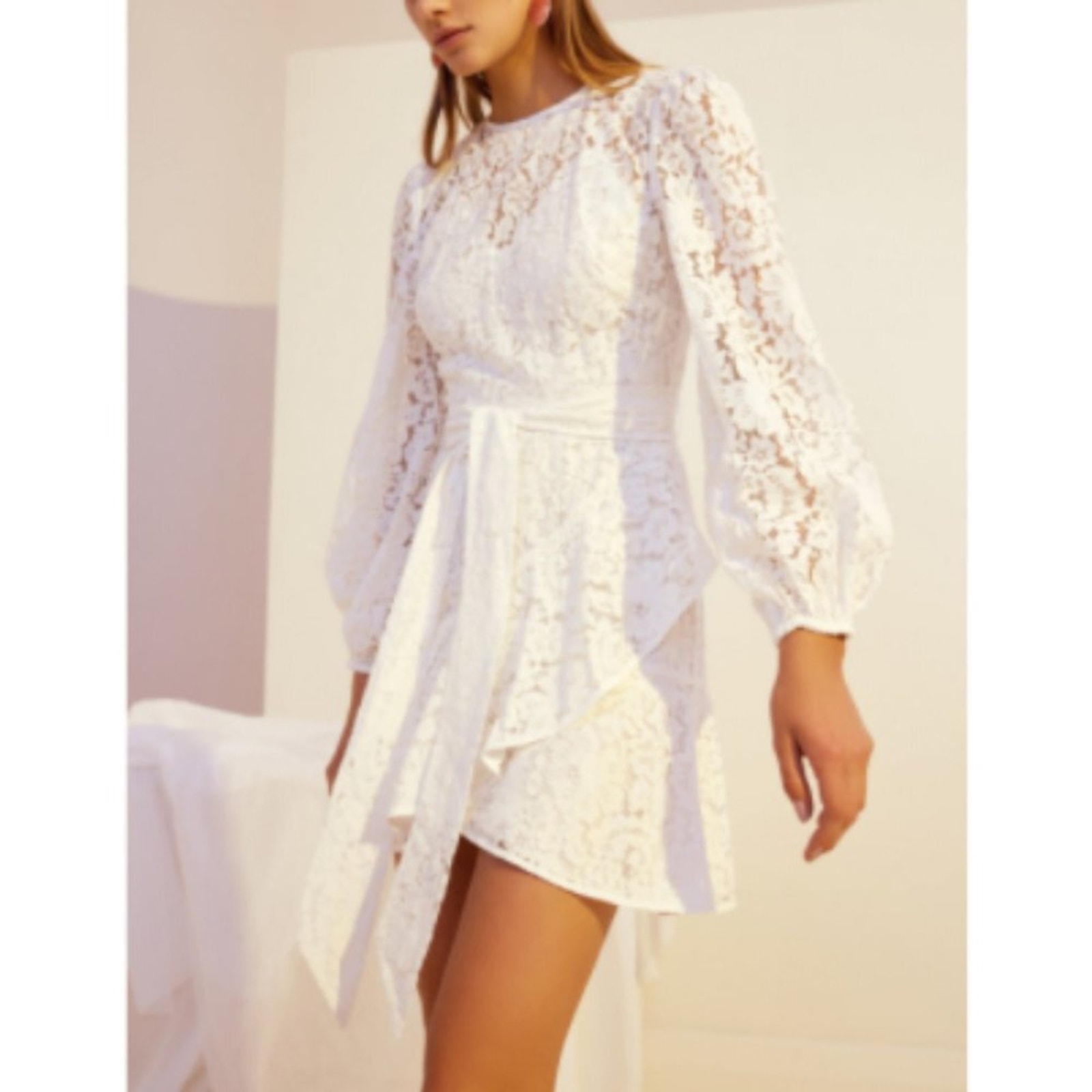 Keepsake Sunshine Lace Tie Wast Long Sleeve Mini Dress in Ivory