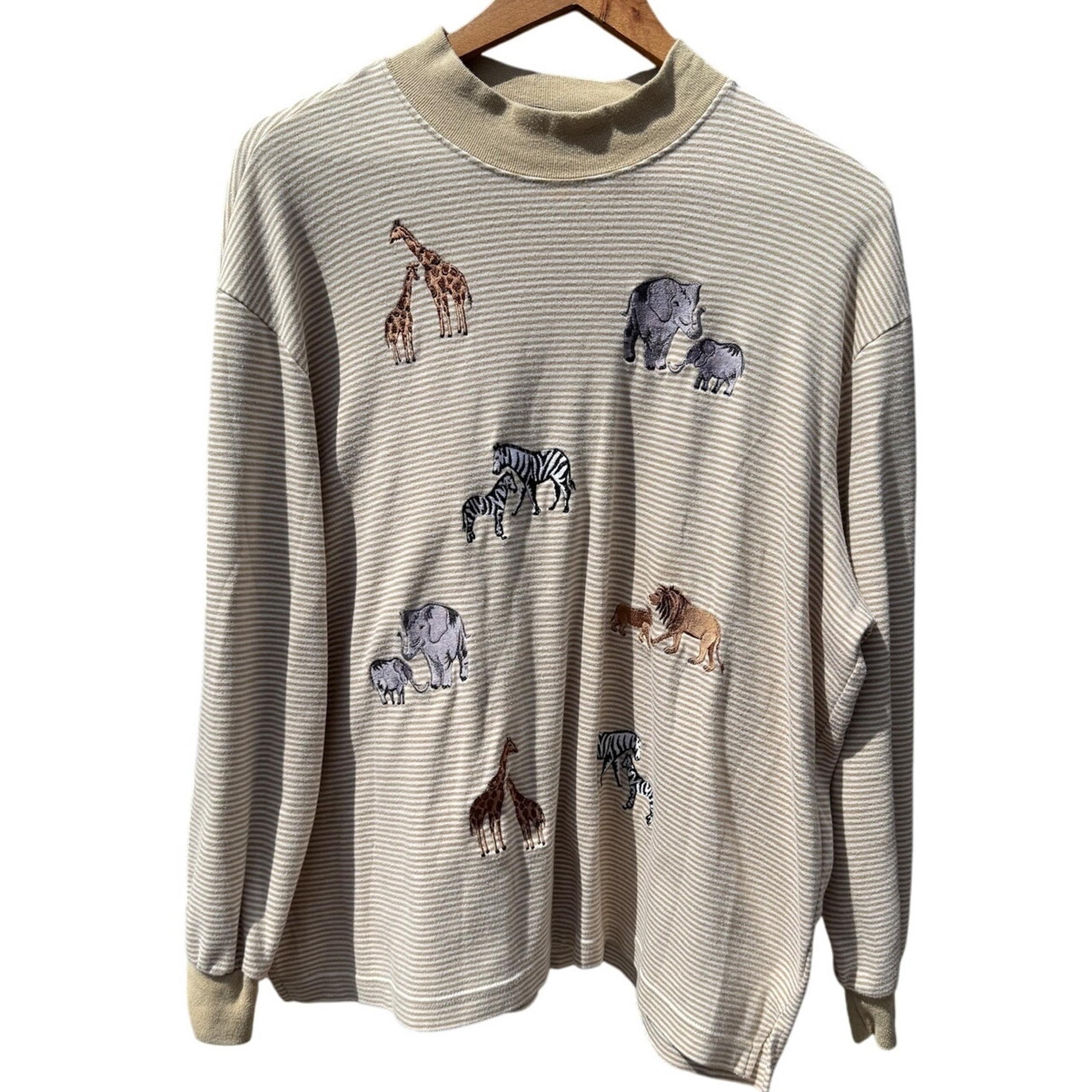 Vintage Bon Worth embroidered zoo animals striped shirt Size XL