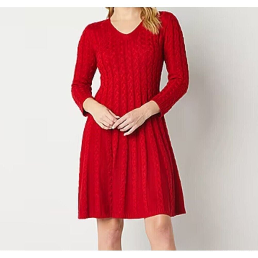 JH Jessica Howard Sweater Dress Small Red Cable Knit 3/4 Sleeve Fit and Flare