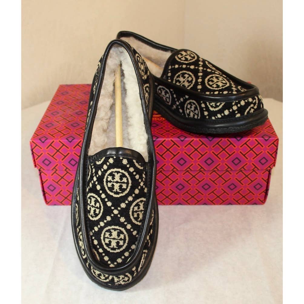 TORY BURCH T-MONOGRAM BUDDY SHEARLING LOAFER SIZE 7.5 BLACK