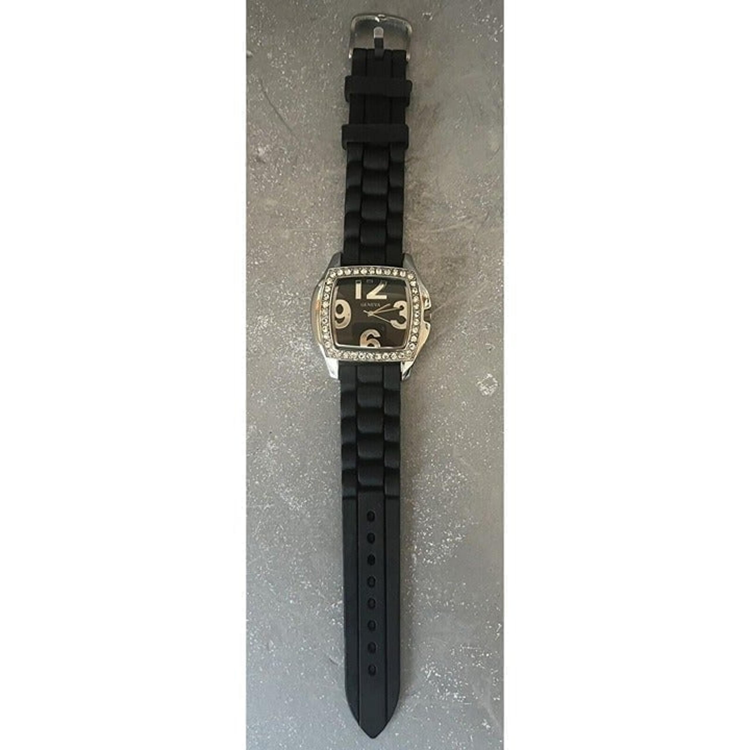 Geneva Black Watch Womens Rhinestones Large Numbers Silicone Band 5949 New