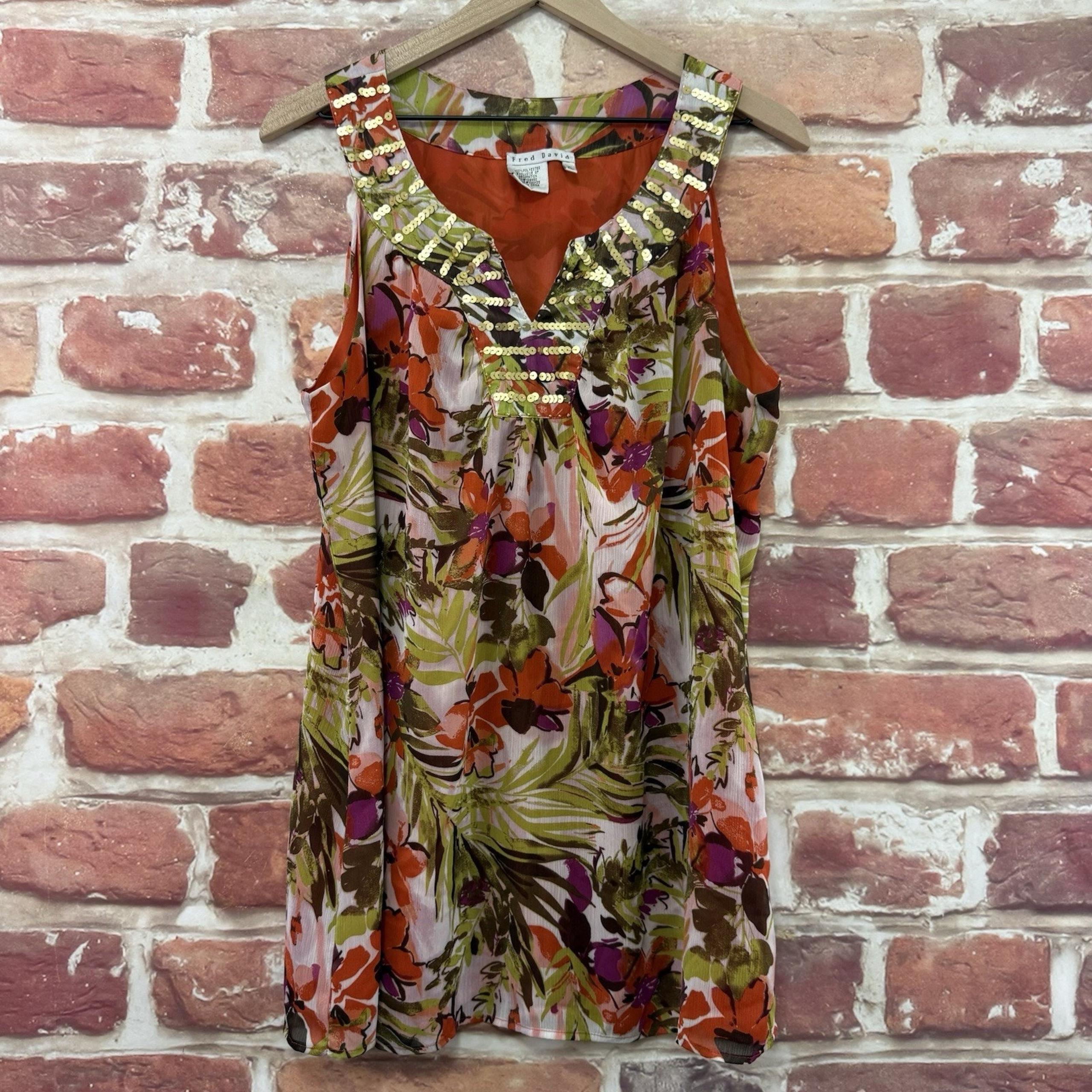 Fred David Top Shirt Womens XL Multicolor Floral Abstract Sequin Casual Tunic