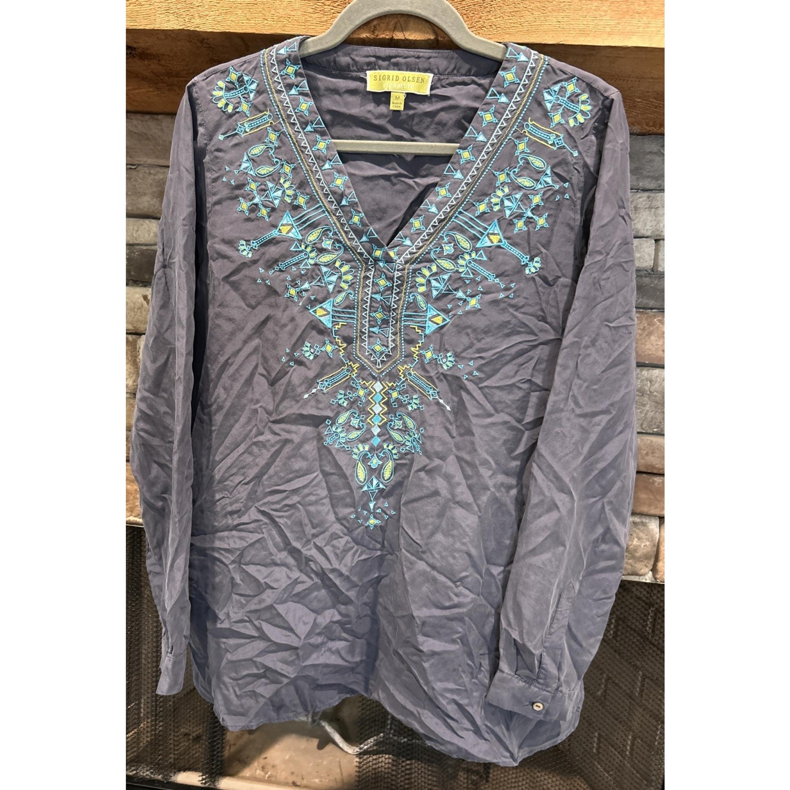 Women’s SIGRID OLSEN Silk Embroidered Tunic Shirt Size M *B7