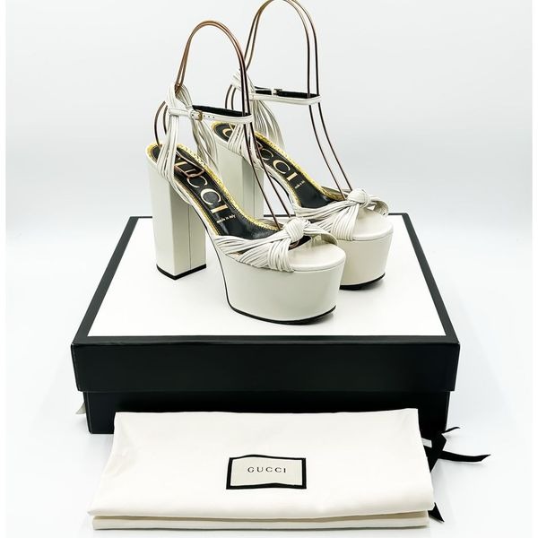 Gucci Allie Knotted Platform Sandals White Crawford Block High Heel Size 39, 9