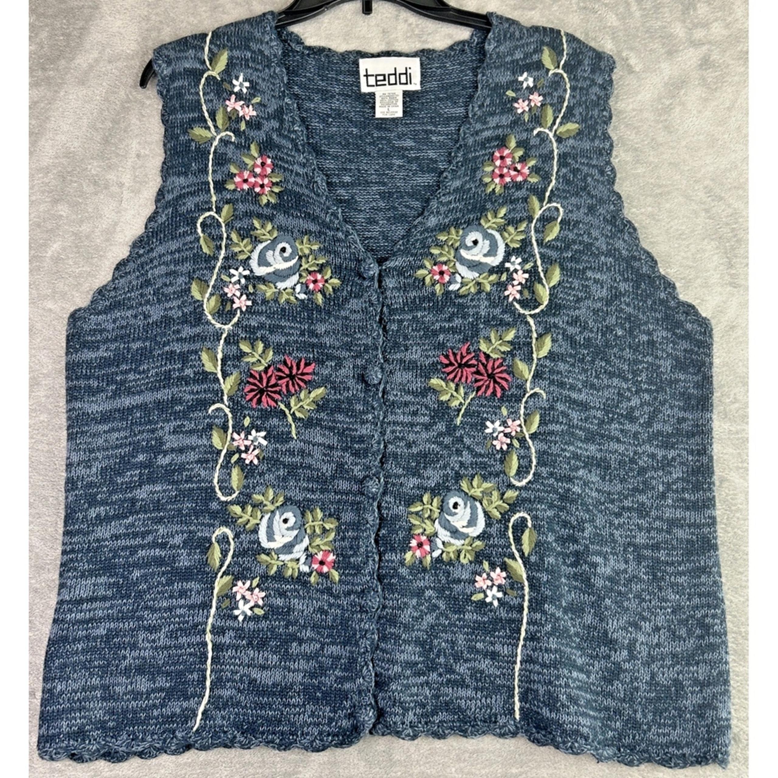 Sweater Vest L Blue Floral Sleeveless Embroidered Grandma Boho Cottage VTG - Teddi