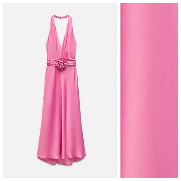 NWT. Zara Pink Satin Effect Floral Open Back Halter Midi Dress. Size XL.