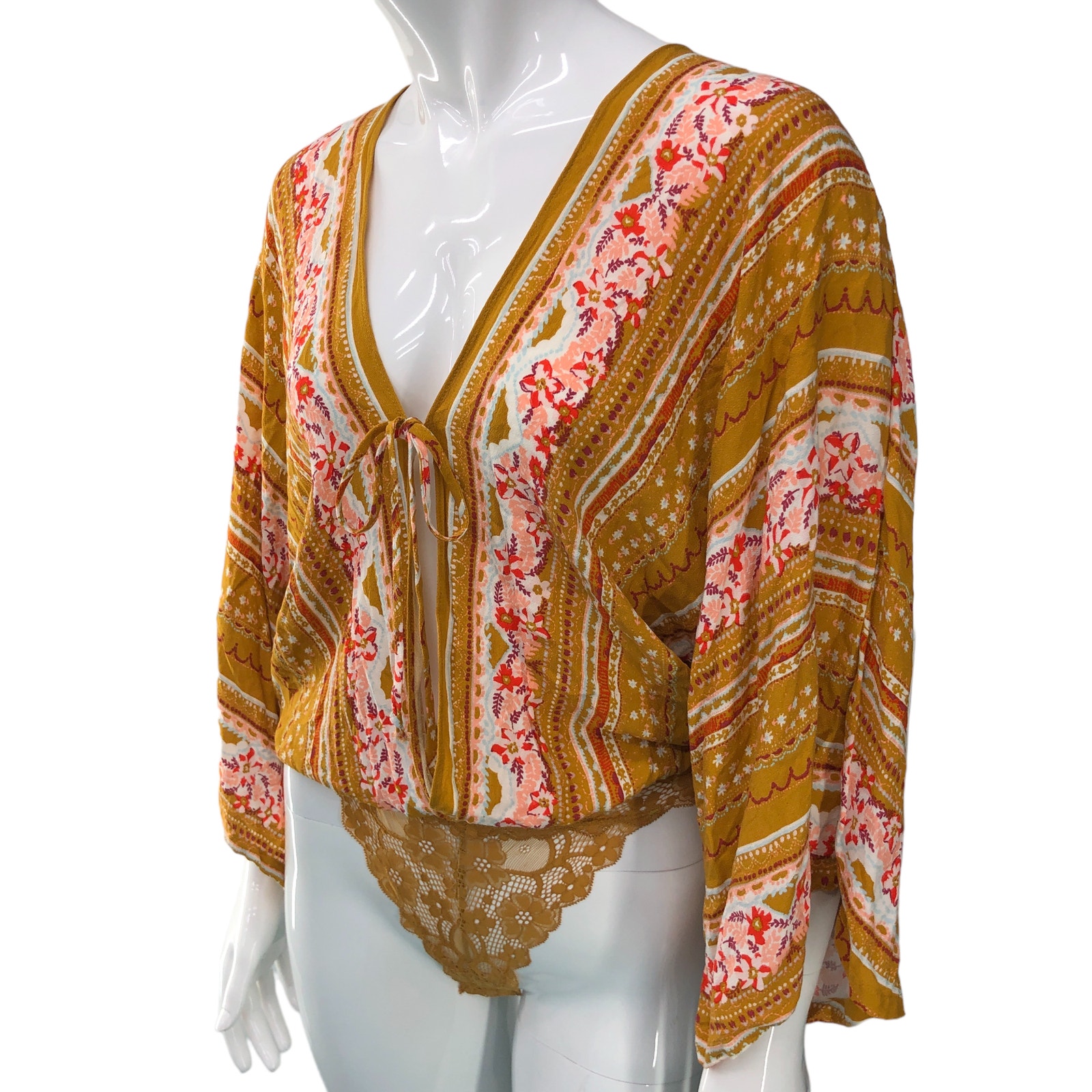 Intimately Free People Womens Size XS Floral Bodysuit Deep V Dolman Sleeve Boho