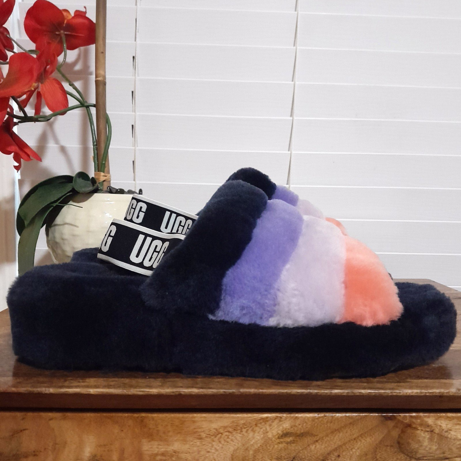UGG Fluff Yeah ankle strap slingback slides blue pink purple sz 10