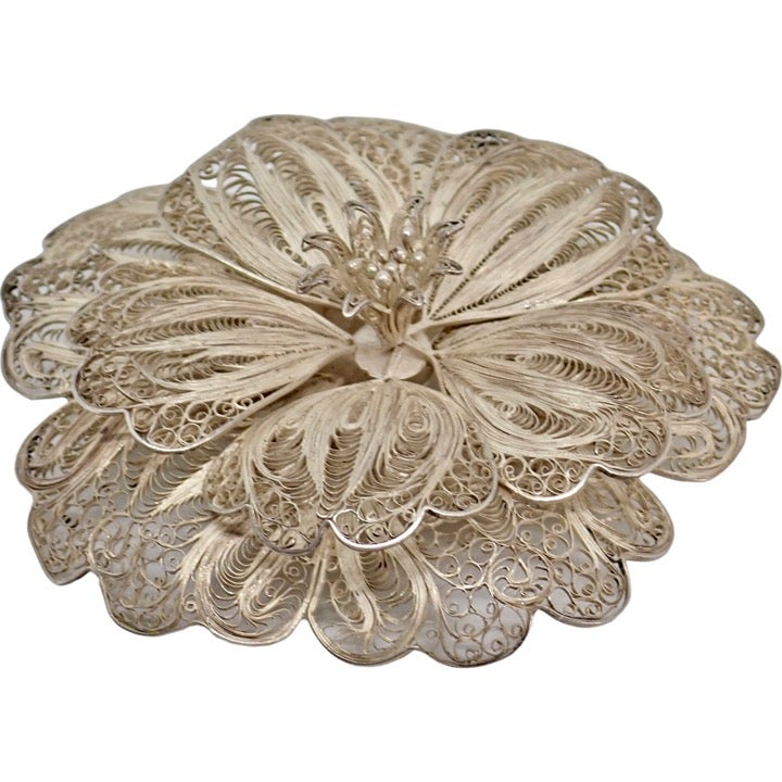Vtg Mexico Sterling Silver 925 Filigree Flower Brooch Floral Pin 45.3 grams 3.