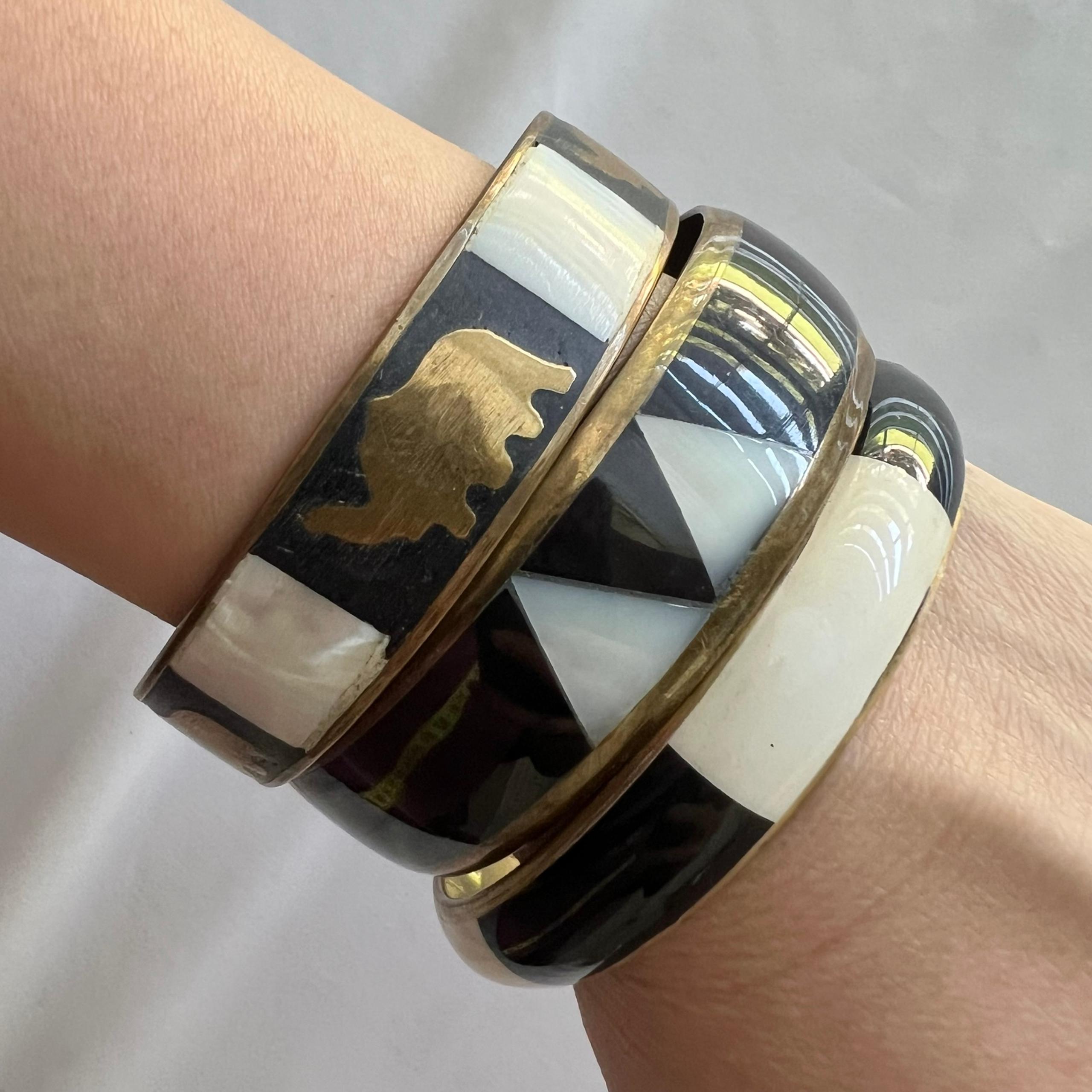 Black White Enamel Brass Boho Estate Costume Fashion Bangle Bracelet Set of 3