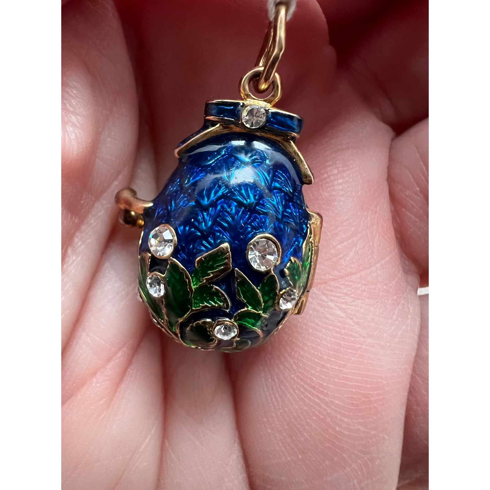 Vintage F.E. Faberge Style Egg Pendant Charm Brass Gold Plated Enameled Crystals