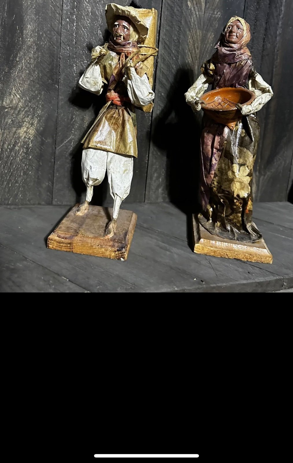 2 Vintage Old Peasant Man and Woman Paper Mache Figures Made in Mexico 13x4x4