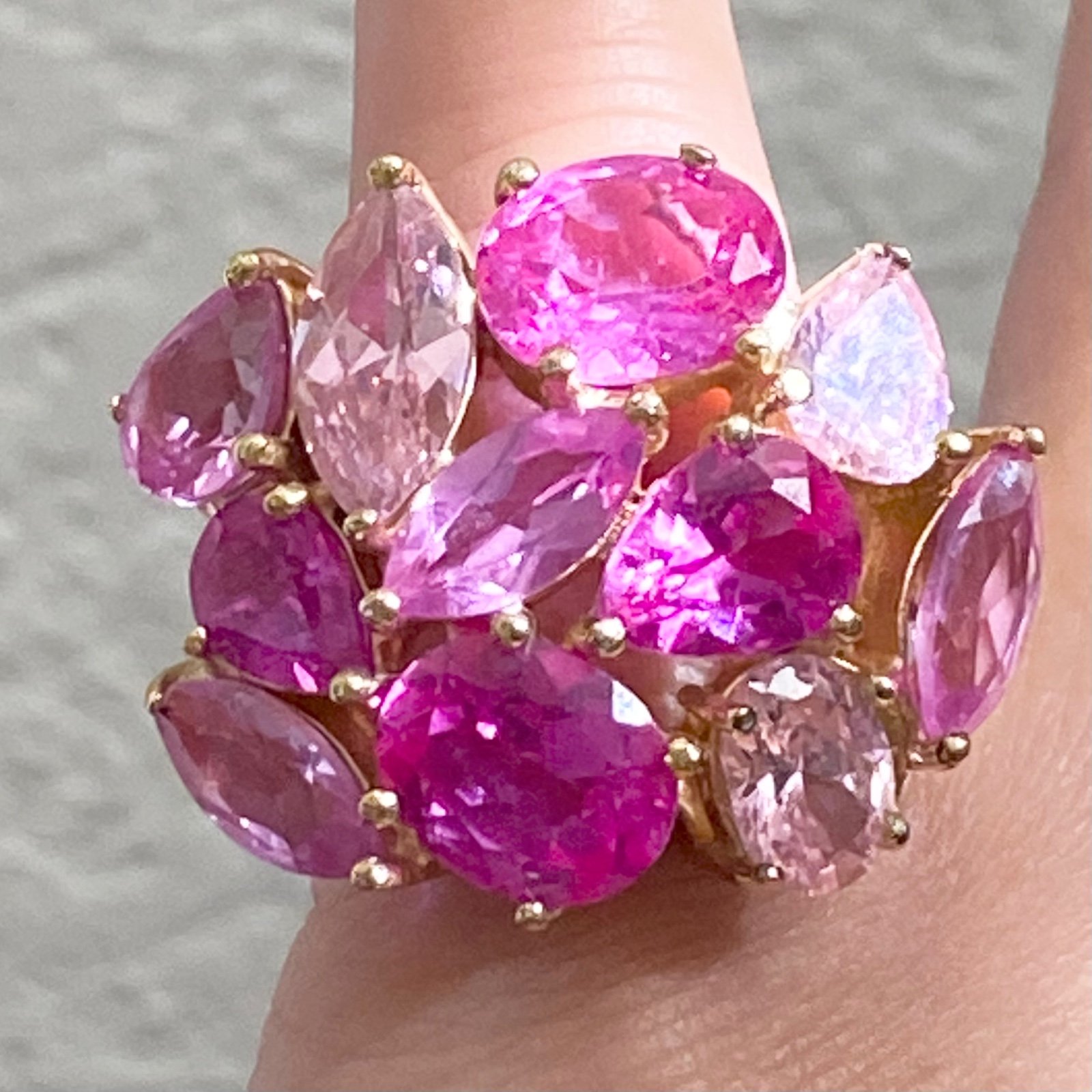 JC China Signed Pink Fuchsia Pink Cluster Crystal Cocktail Ring Size 5.5