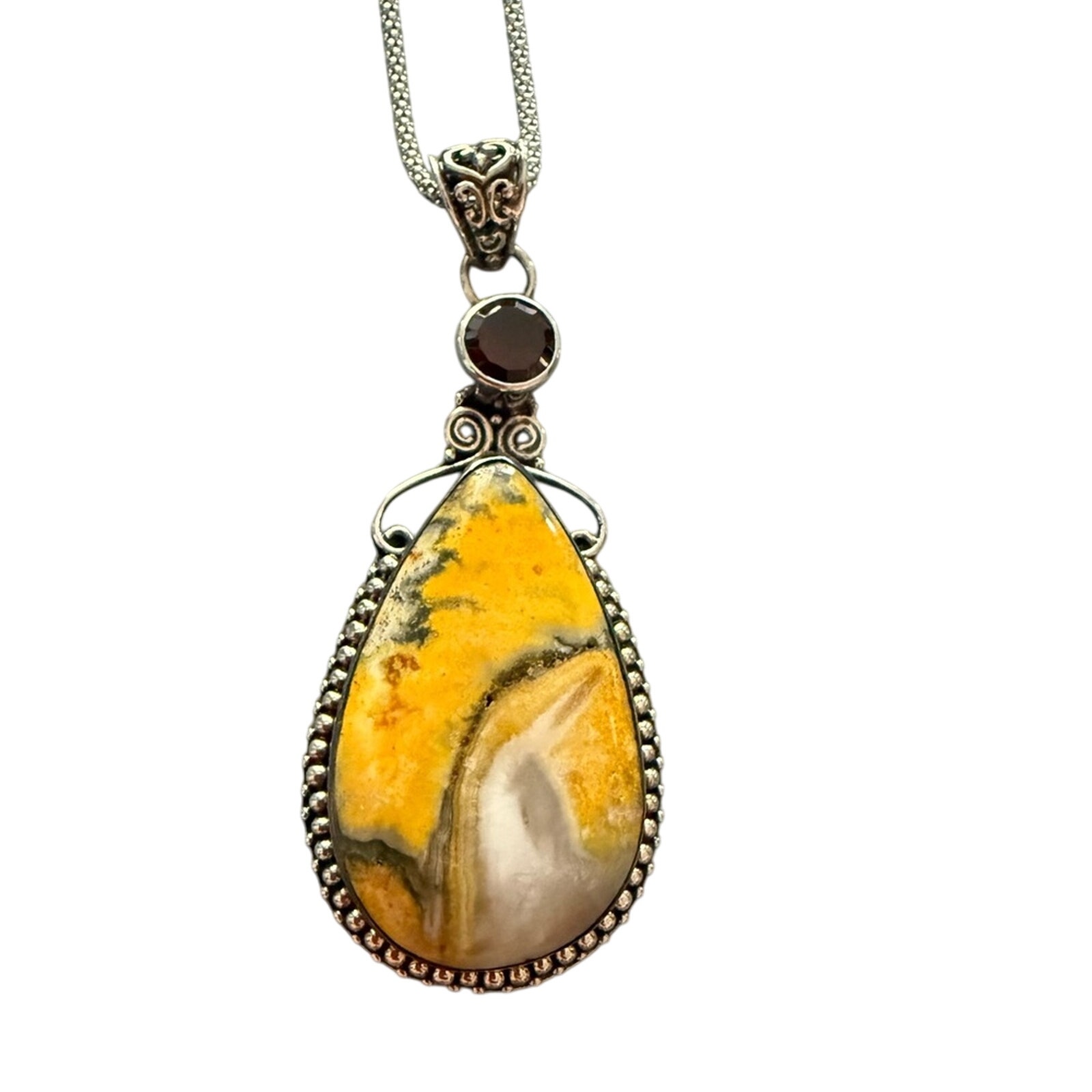 925 Sterling Silver Bumble Bee Jasper & Garnet Pendant Necklace