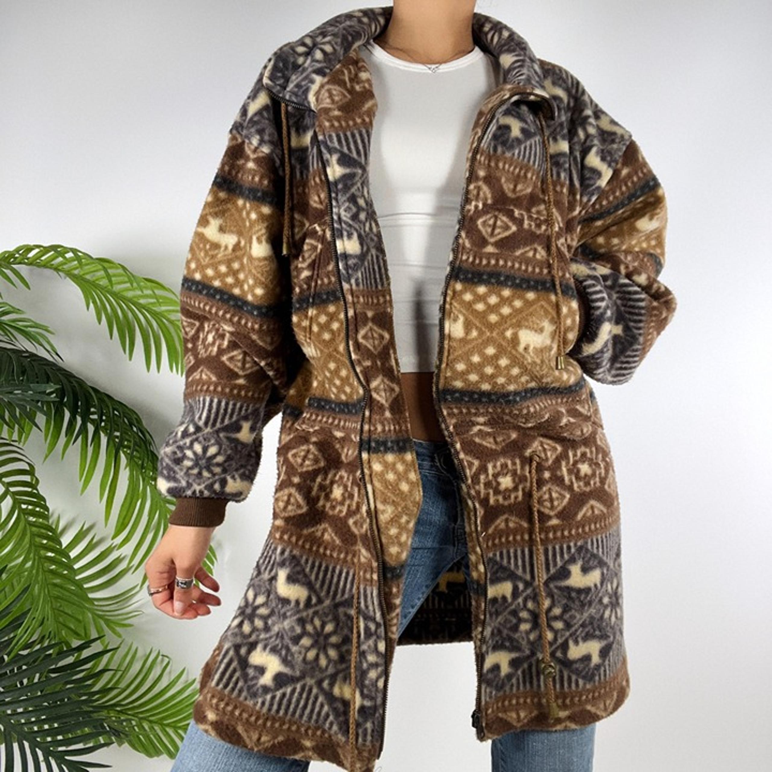 Womens Vintage 90s Brown Aztec Fleece Bohemian Western Zip-Up Jacket / Small