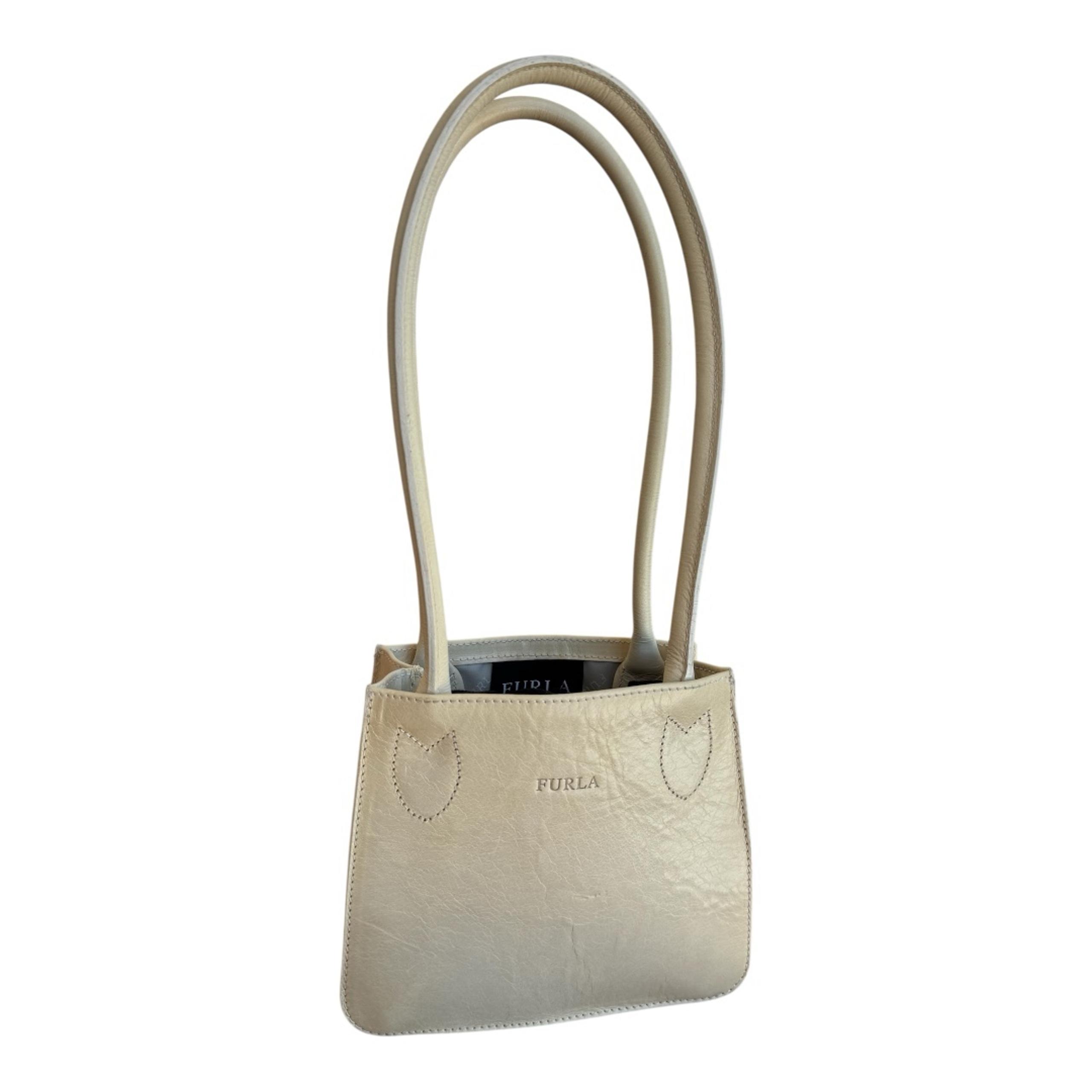Furla Rare Authentic Y2K 90s Shoulder Mini Tote Bag in Cream Leather