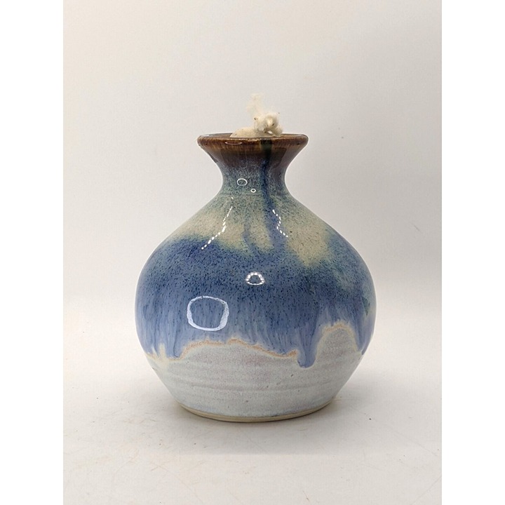 Art Studio Oil Lamp Hand Crafted Glazed Pottery Blue Glaze Artist Signed 4.5