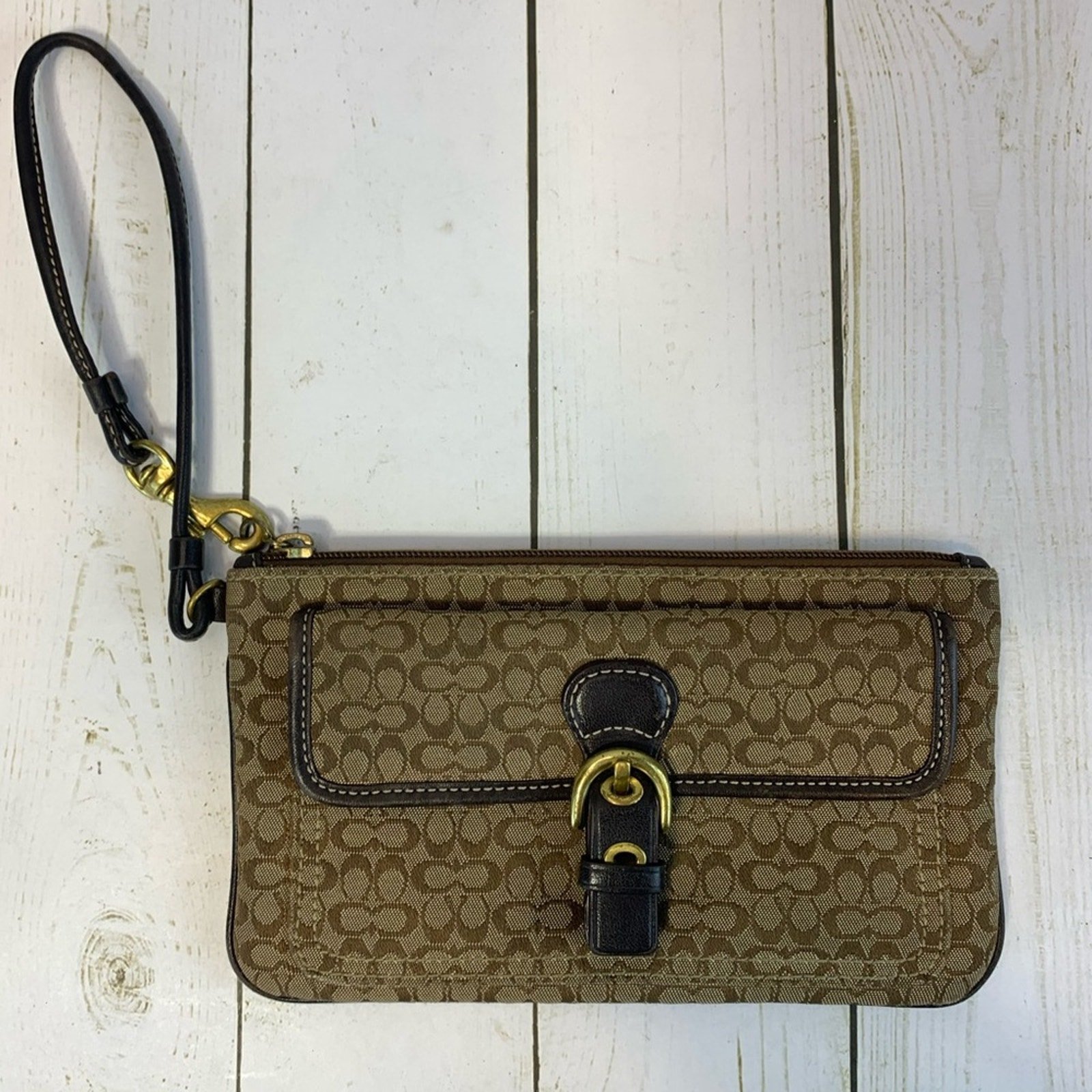 Coach Signature Mini C Soho Logo Brown Buckle Wristlet Canvas and Leather