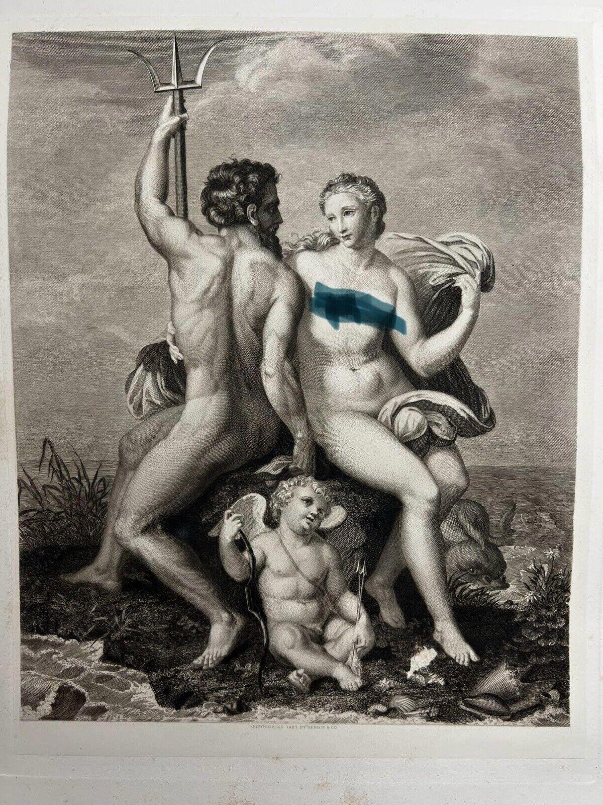 Antique Victorian Steel Engraving Neptune At The Amphitheater Gorgeous 1887