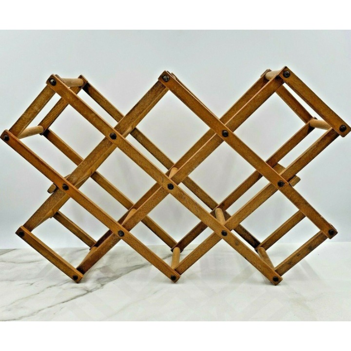 Vintage Wood Wine Rack 8 Bottle Expanding Folding Accordion Style Holder Barware