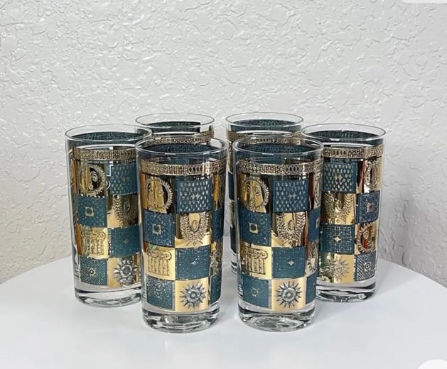 Georges Briard Blue Greco Roman Bar Glasses 22k Gold Accent - Heavy Set of 6