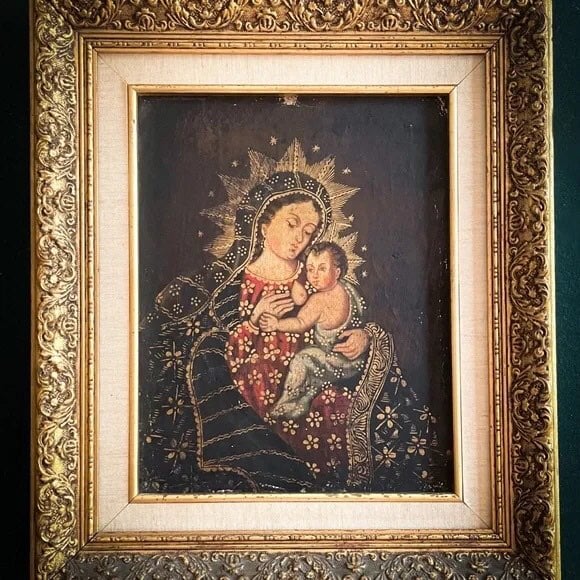 17th Century Cusco Madonna and Child Nursing Mixed-Media Painting, Framed