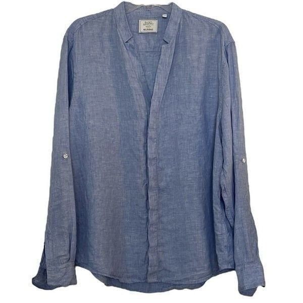 Baird McNutt Murano Linen Mens Shirt XL Sky Blue Band Collar Long Sleeves V Neck