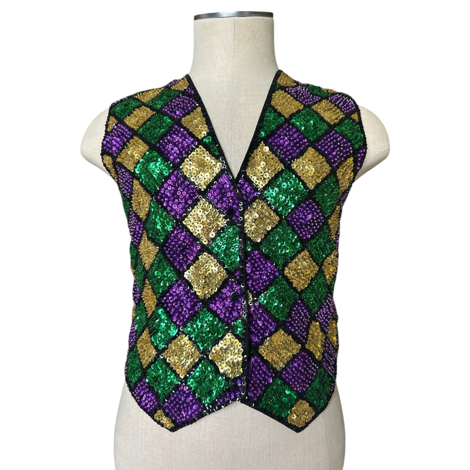 Vintage JC 001 USA handmade sequin dressy vest black purple green gold small