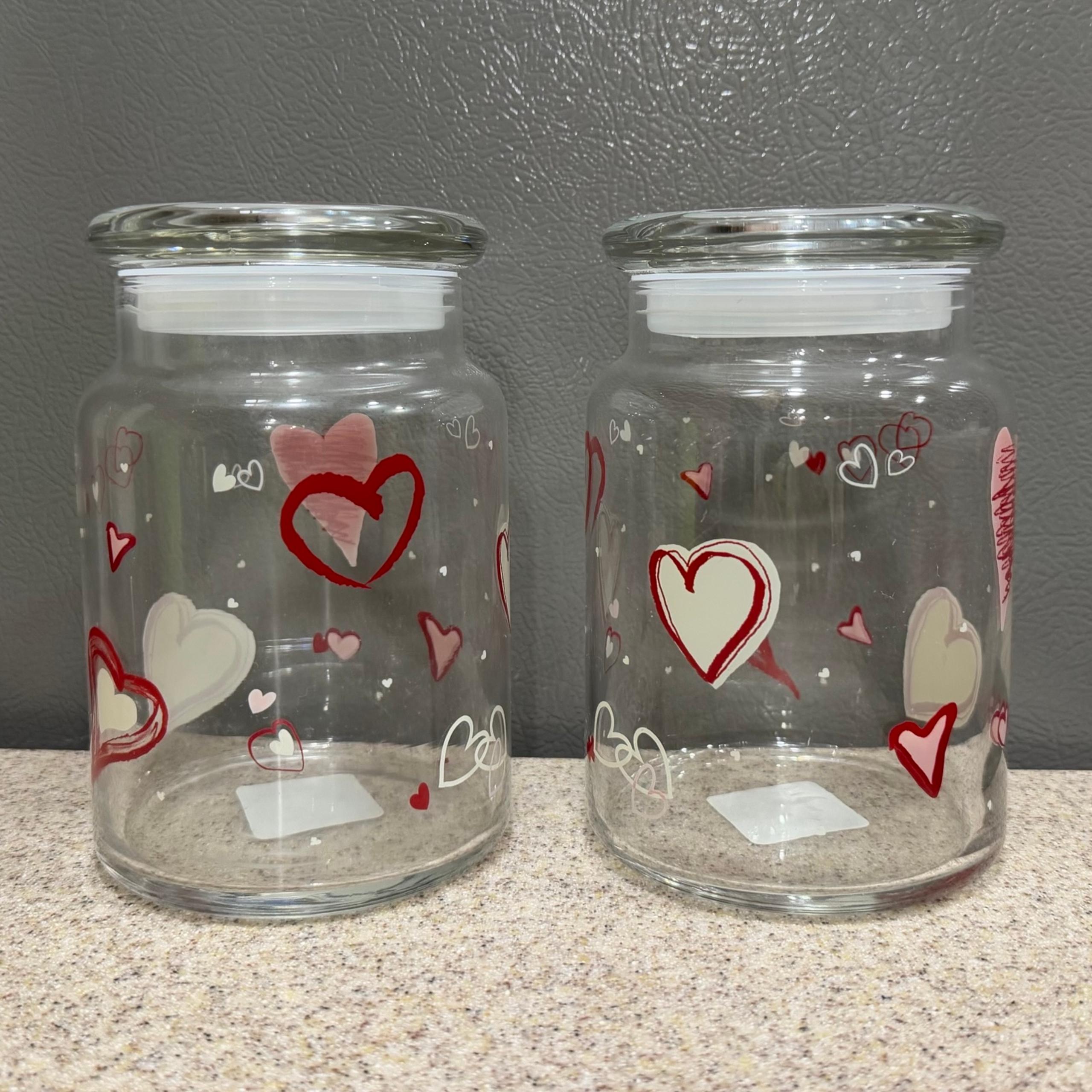 2 Vtg NWT Libbey Clear Glass Lidded Jar Valentine Hearts 6”x4” Pink Red White