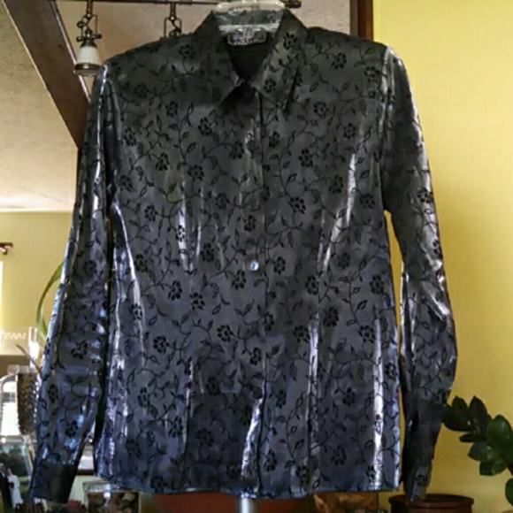 Women's Vintage 1990s Embossed Metallic Silver Button Down Shirt