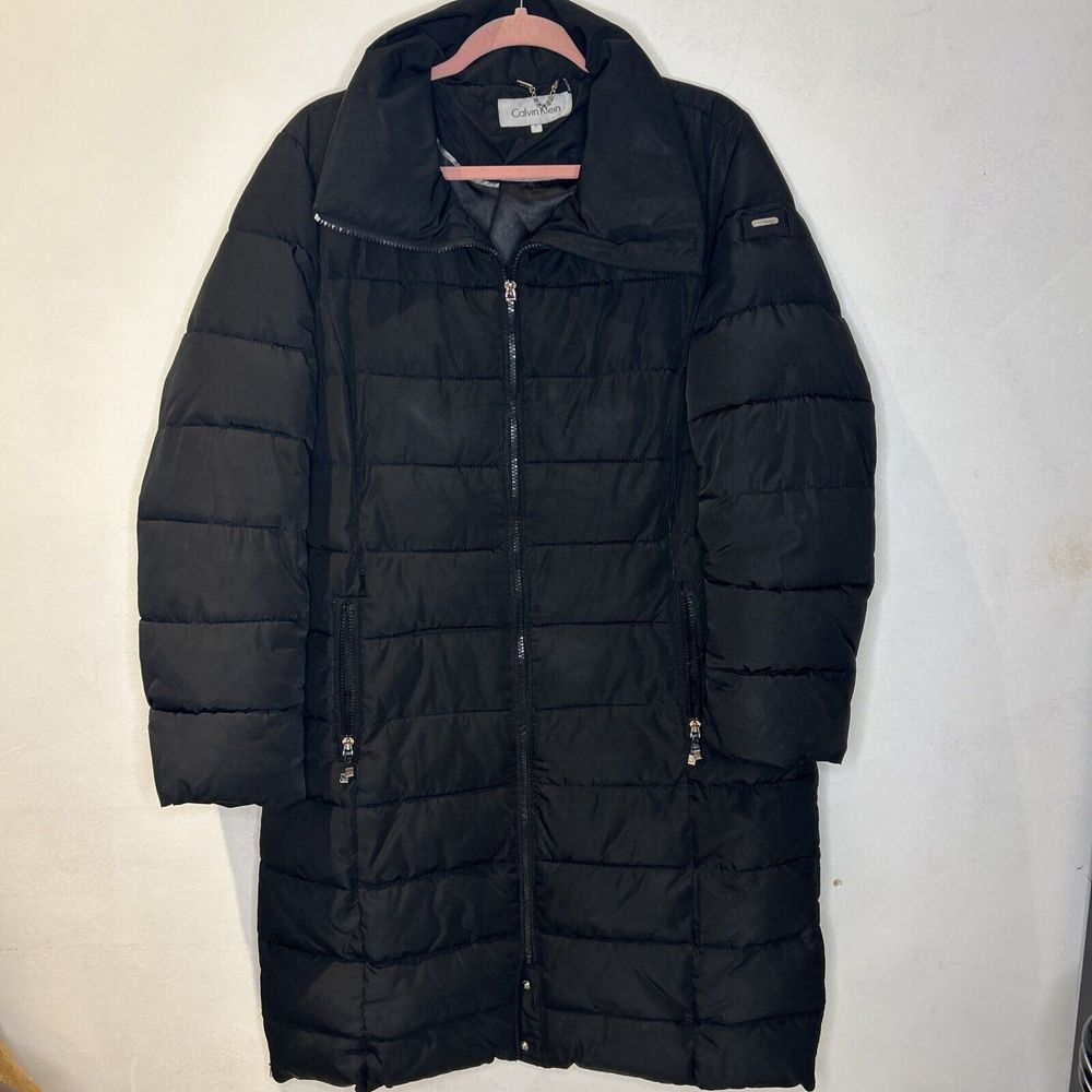 Calvin Klein Coat Women's Long Bibbed Walker Puffer Jacket In Black Size Large