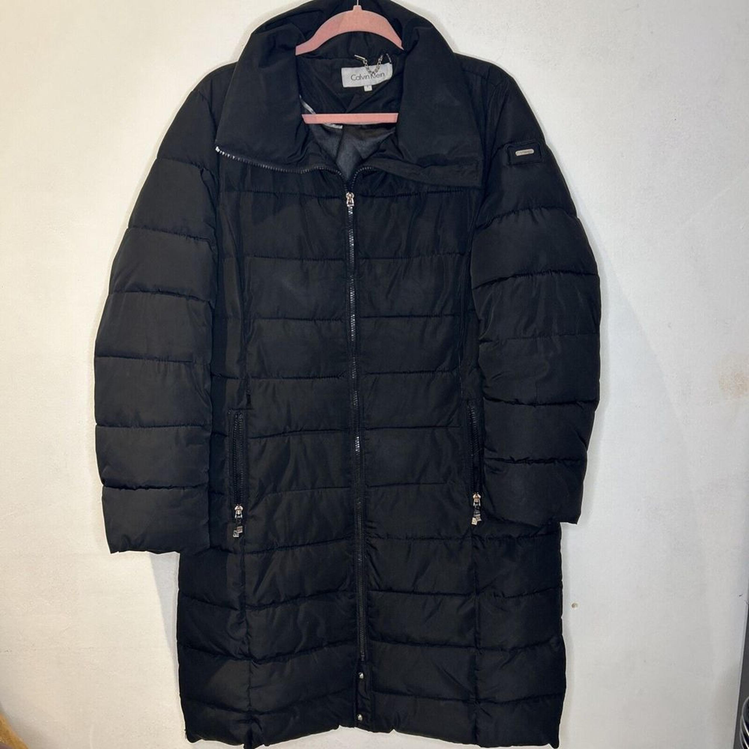 Calvin Klein Coat Women's Long Bibbed Walker Puffer Jacket In Black Size Large
