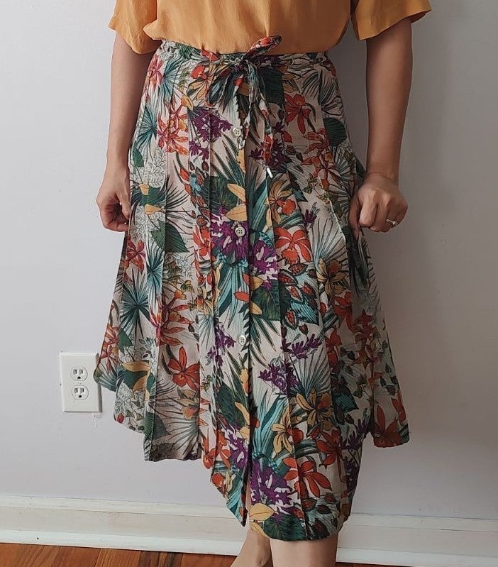 Vintage tropical print pleated midi skirt