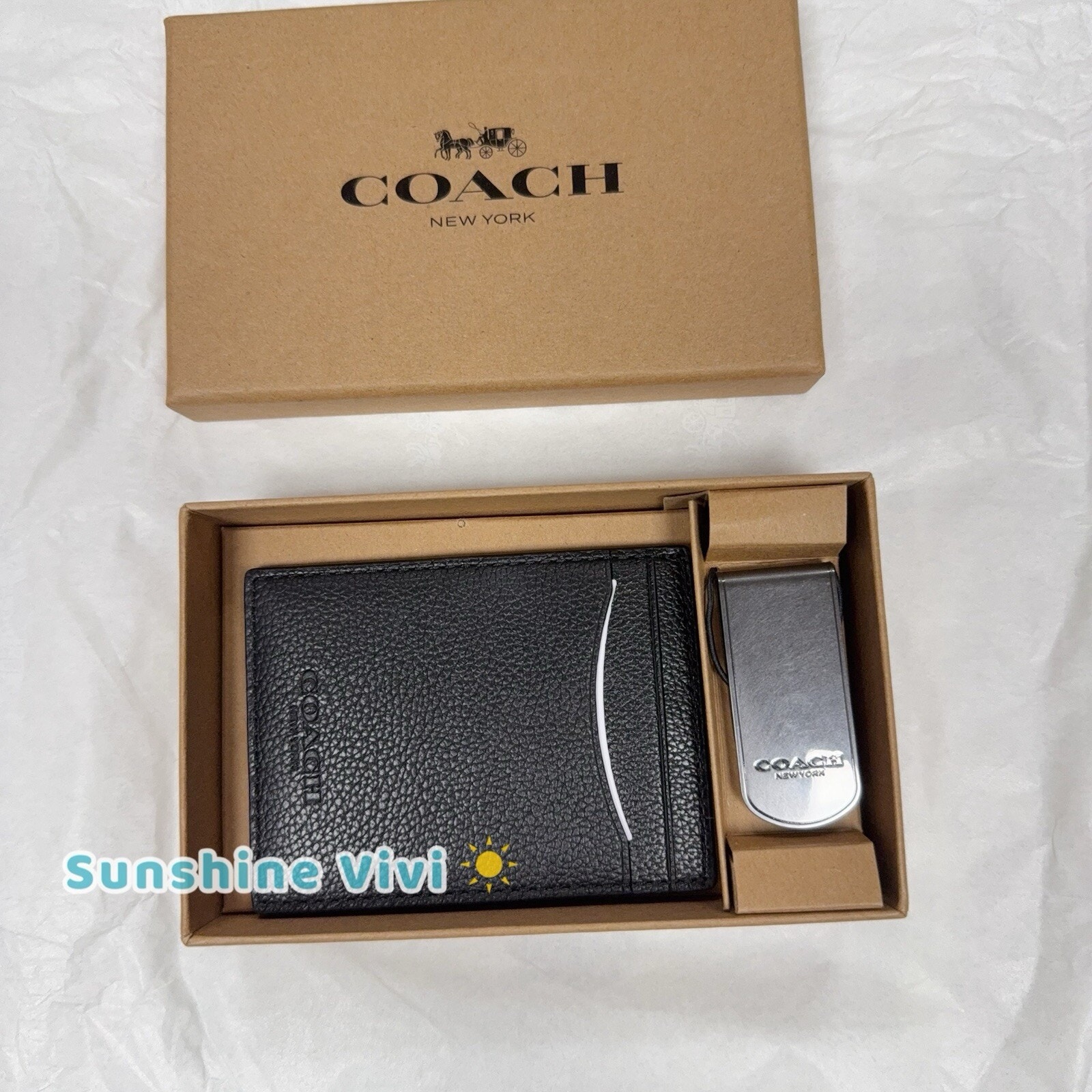 NEW COACH 75479 Black Calf Leather 3 In 1 Card Case Money Clip Gift Box