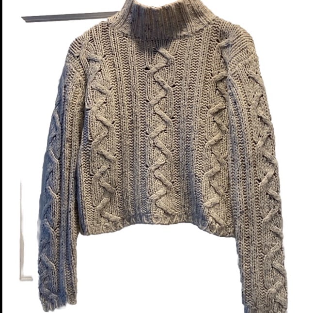 Reference Point Chunky Cable Knit Turtleneck Crop Sweater Wool Blend Gray M
