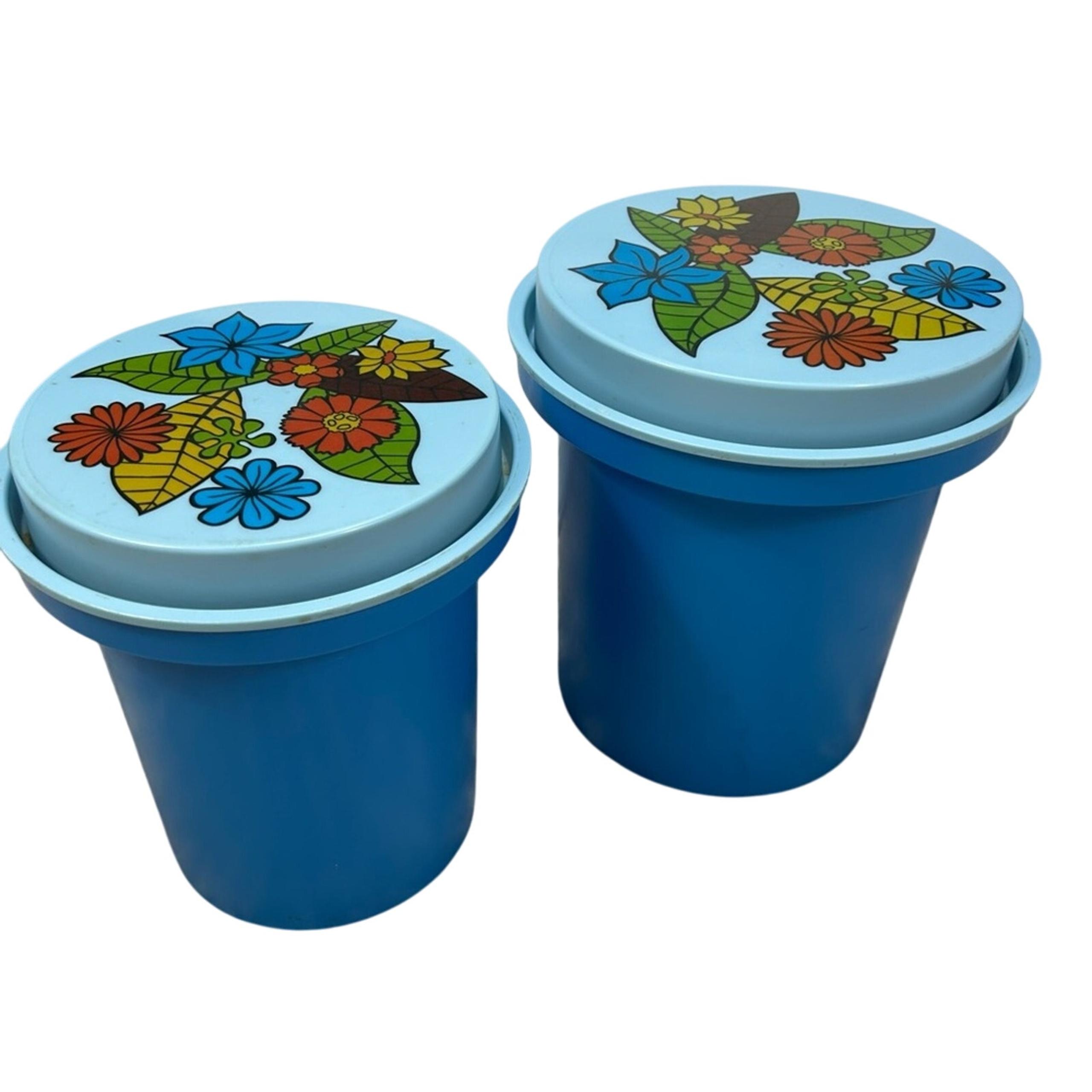 2 blue vintage Rubbermaid nesting floral retro canisters 1970’s