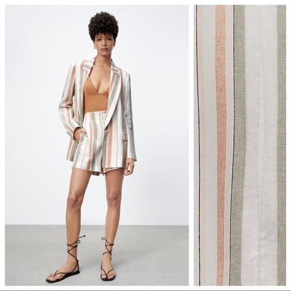 NWT. Zara White/Pink/Green Linen Blend Blazer. Size S.