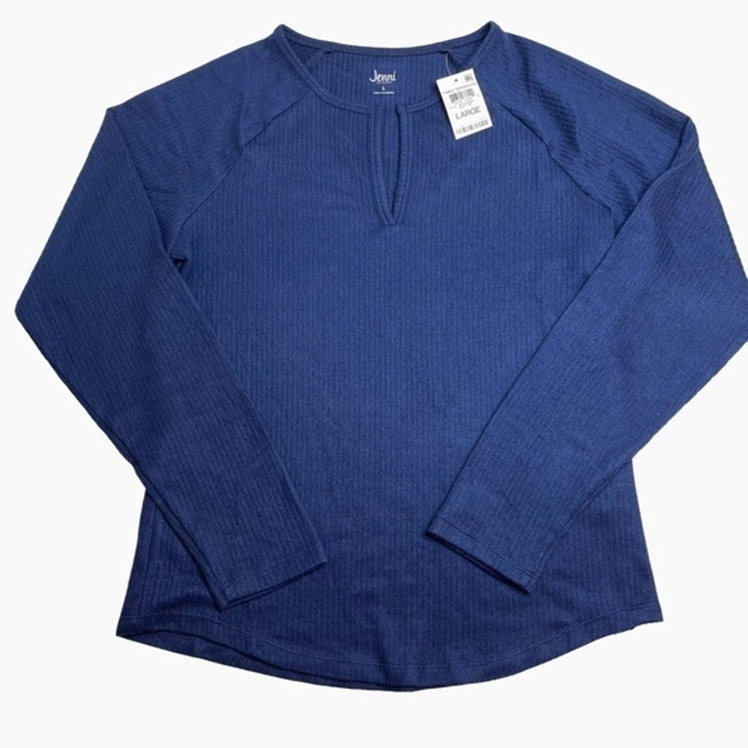 Jenni Split Neck Ribbed Pajama Top Navy Sail Blue Large New