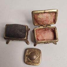 Antique Mini Victorian Metal Gold tone Trinket/ Ring Box Pin Cushion and lid.