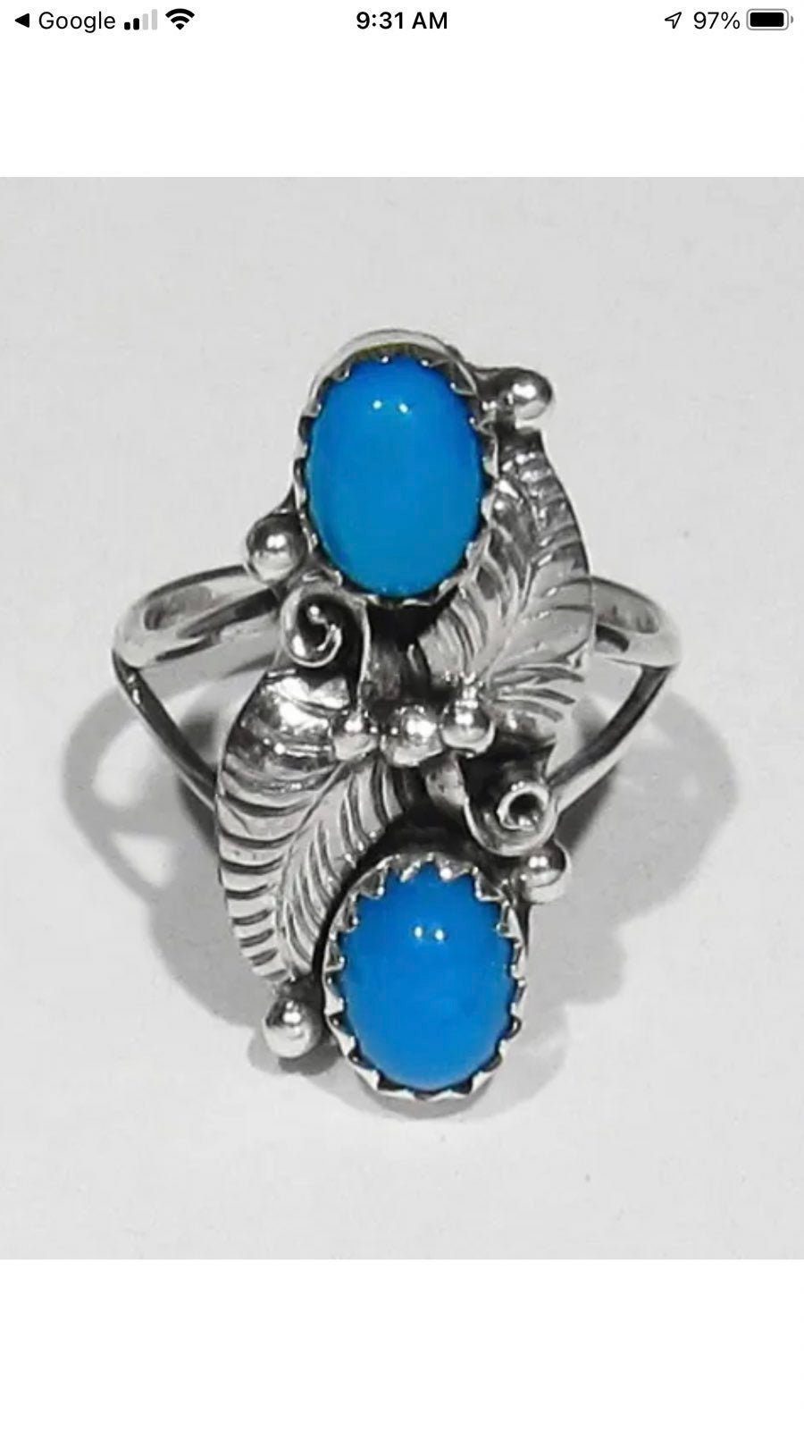 VINTAGE 70'S SOUTHWEST NATURAL NEVADA 925 TURQUOISE FEATHER RING