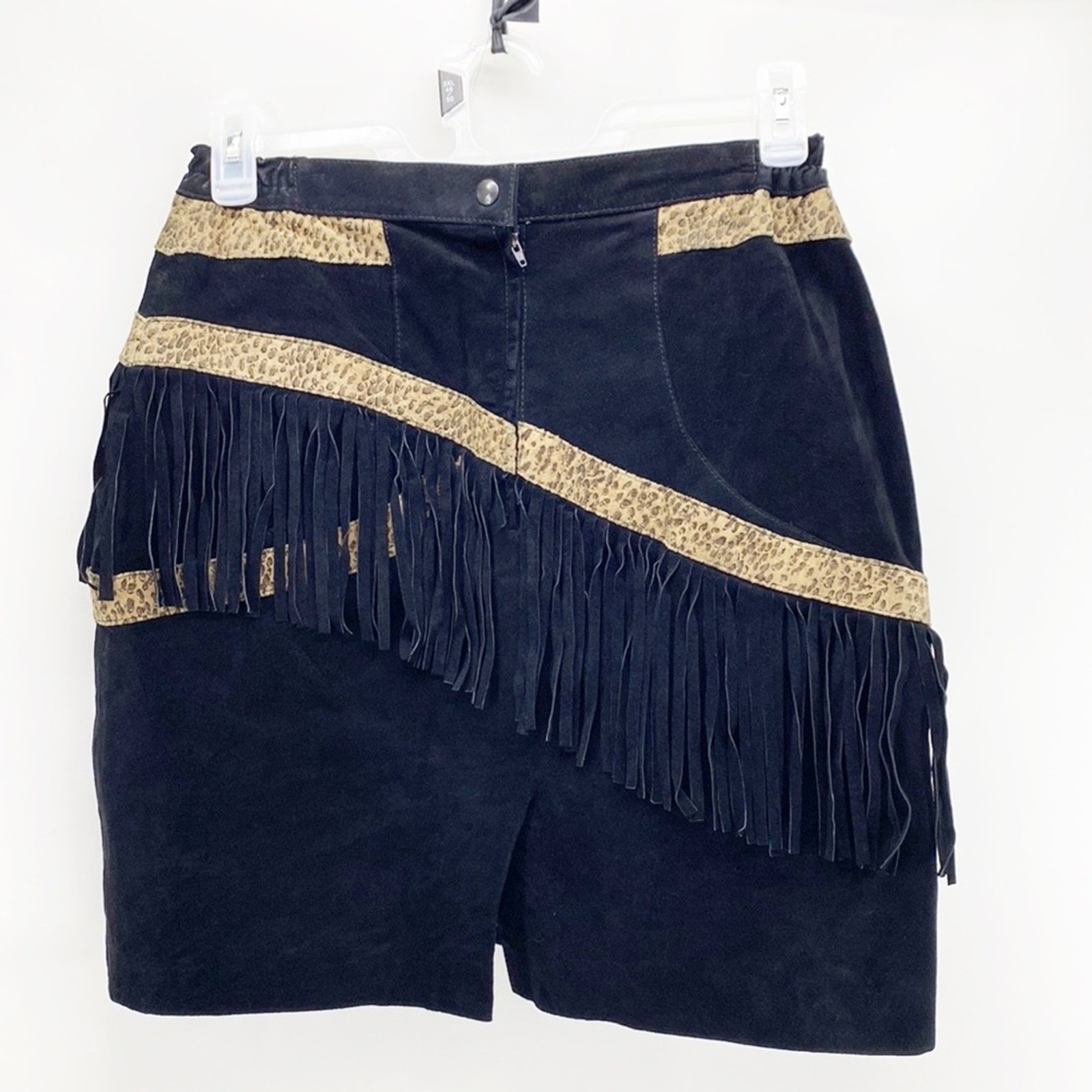 Vtg 80s Genuine Suede Black & Leopard Fringe Mini Skirt festival western