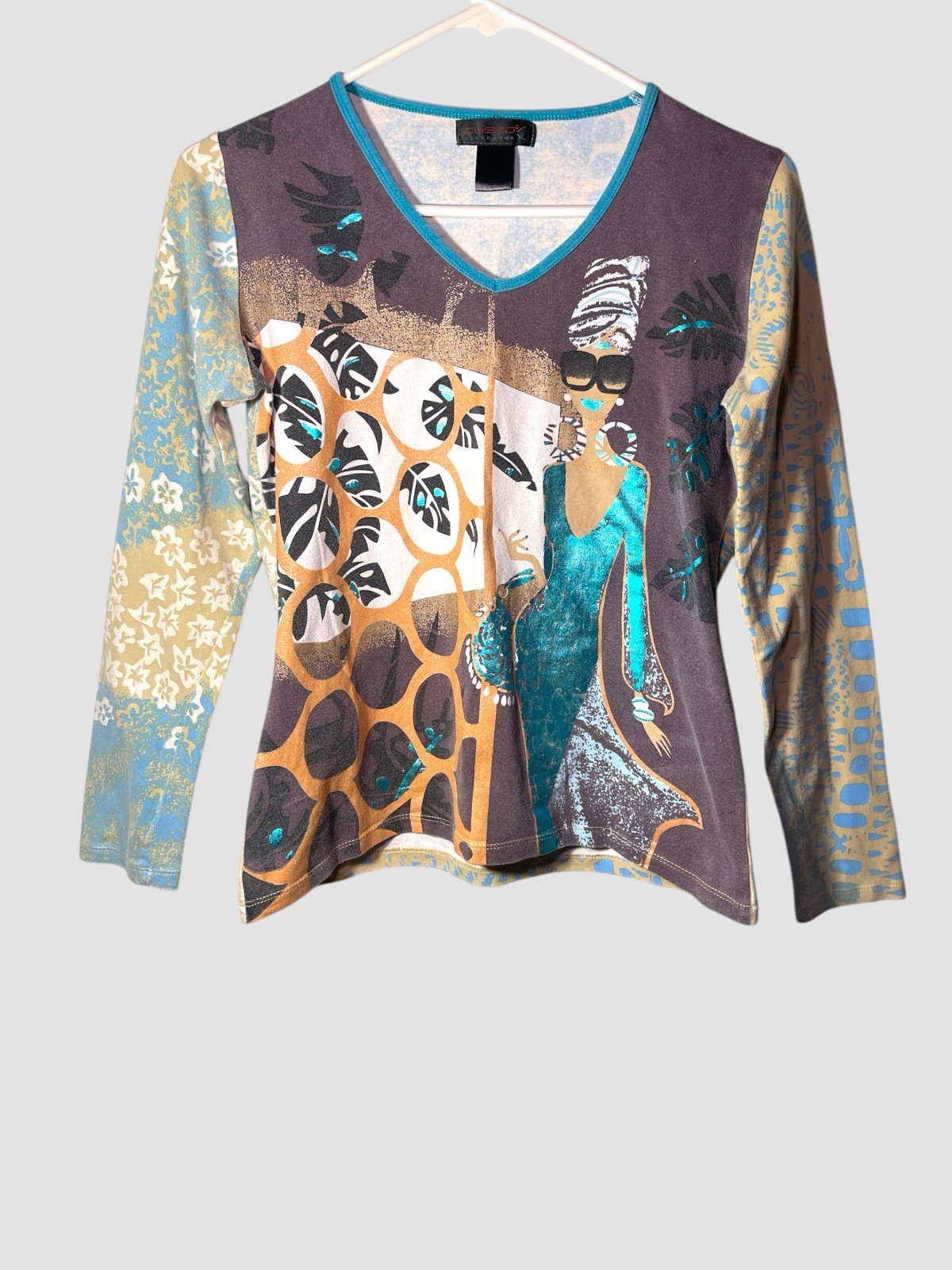 Custo Barcelona Top 3/4 Sleeves Graphic Metallic Girl Cotton Vintage Y2K Size ML