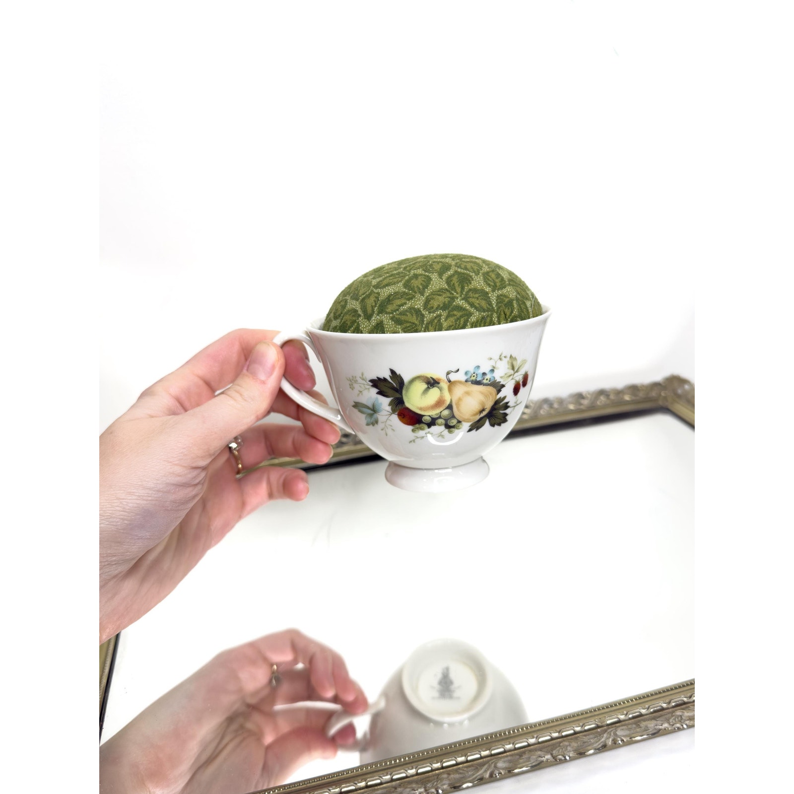 Beautiful Vintage Handmade Green Fabric in Royal Doulton teacup PinCushion eng