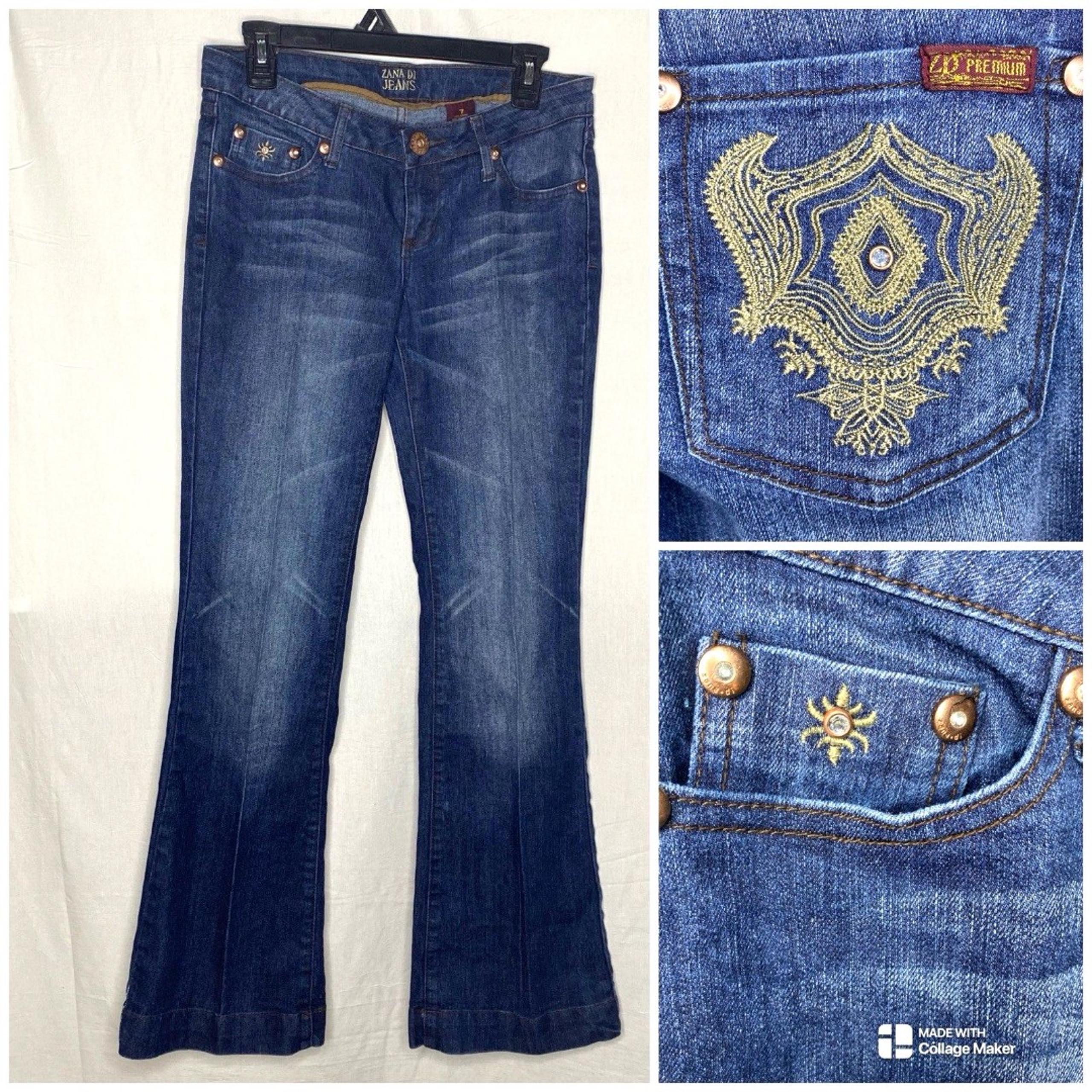 Zana Di Jeans Embroidered Rhinestone Flare Low Rise Denim Y2K Womens 7 Blue