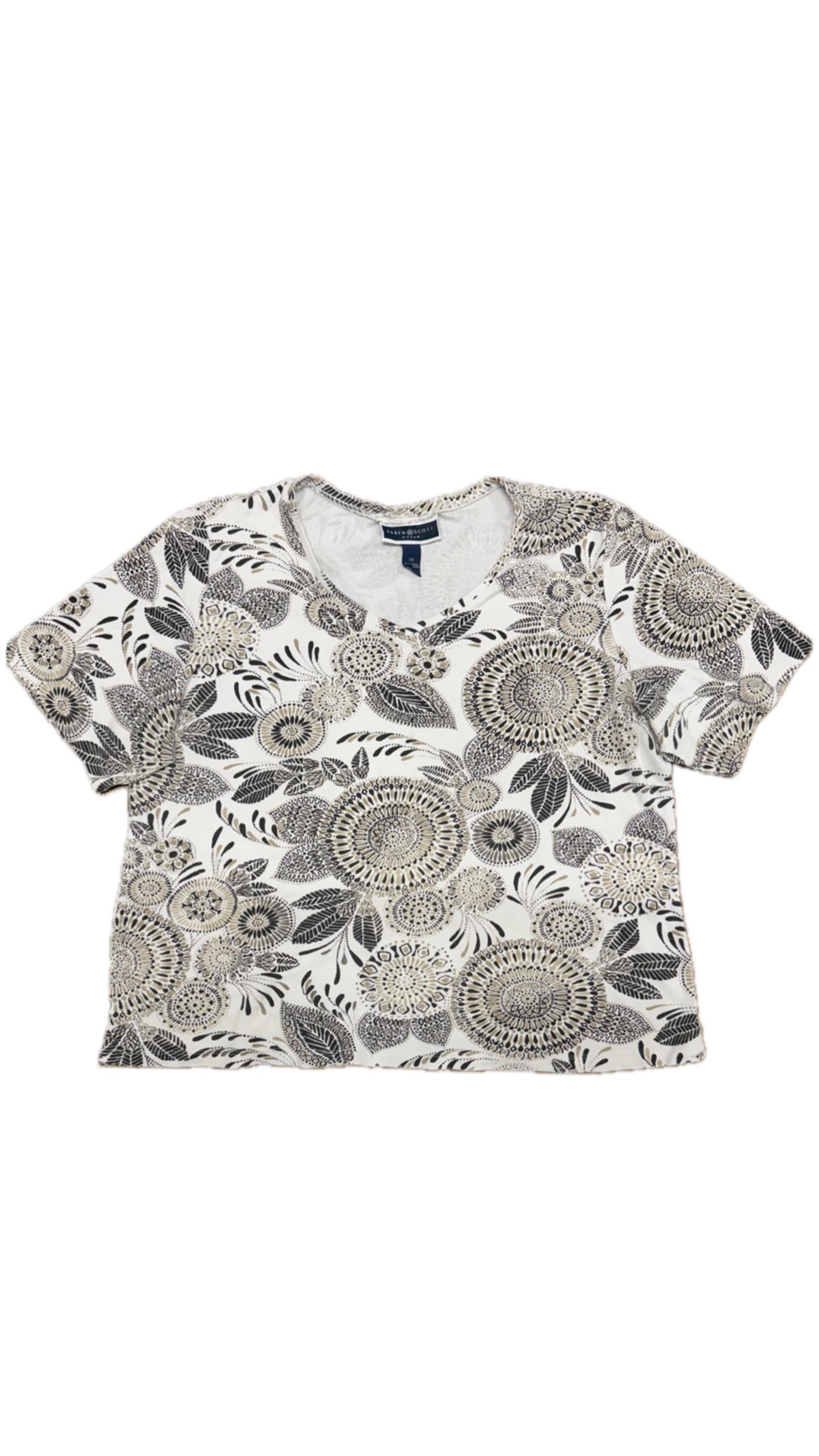Karen Scott, Floral, Grey, White And Black, Cotton, T-Shirt, Women’s Size 1X
