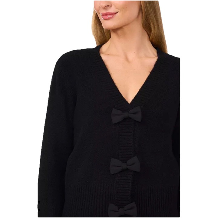 CeCe Bow Button V Neck Cardigan Black Women Medium