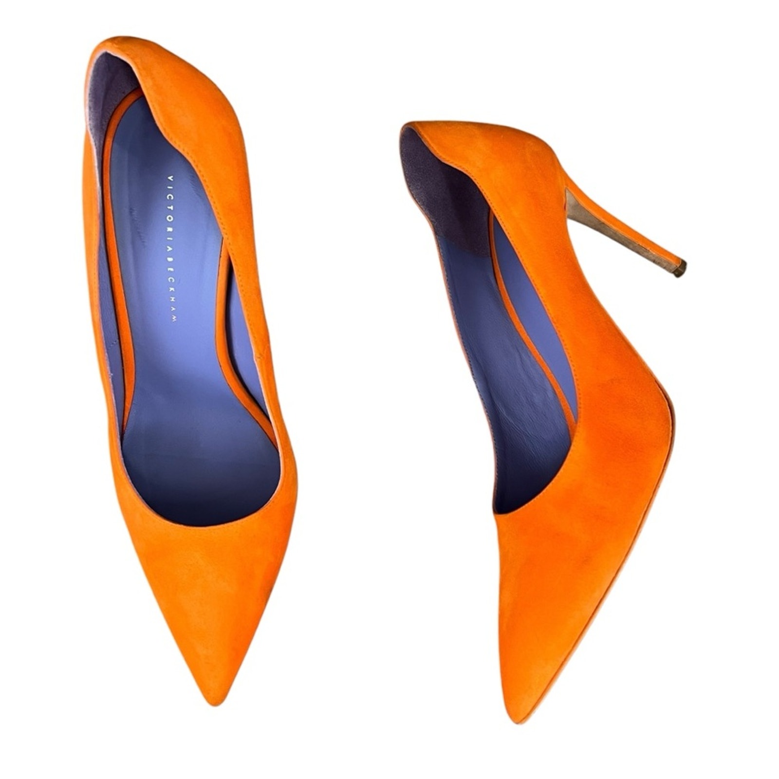 Victoria Beckham Women’s Point Toe Orange Suede Purple Interior Stiletto Heels