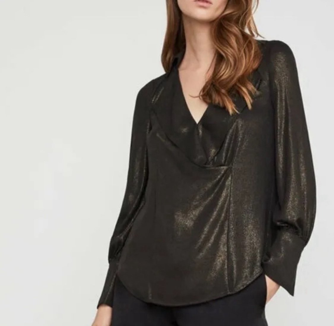 BCBGMaxazria Metallic Drape Front Top