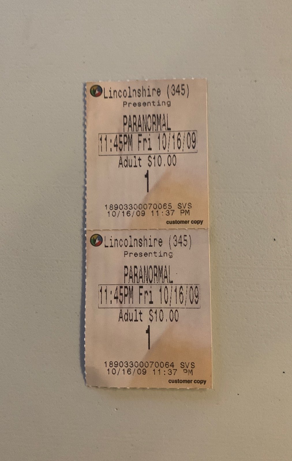 Paranormal Activity (10/16/2009) Movie ticket - Lincolnshire - Regal